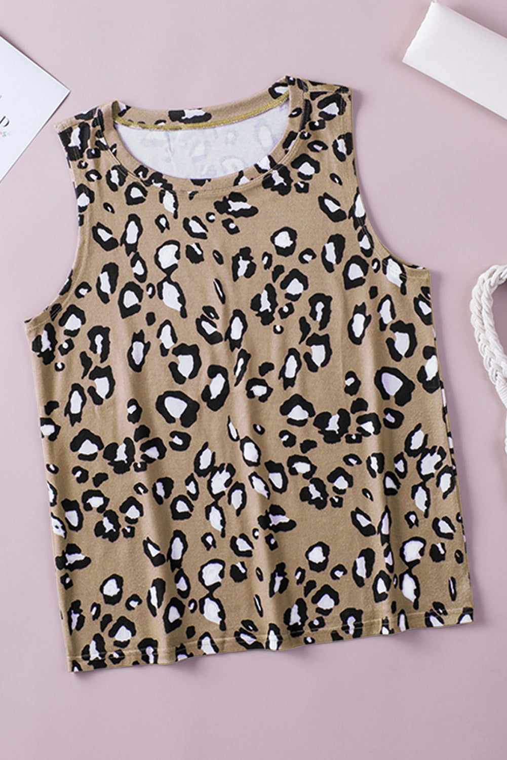 Leopard Print Crew Neck Tank Top displayed on a mannequin, showcasing its bold pattern and sleeveless design.