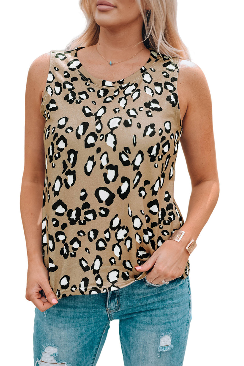 Leopard Print Crew Neck Tank Top displayed on a mannequin, showcasing its bold pattern and sleeveless design.