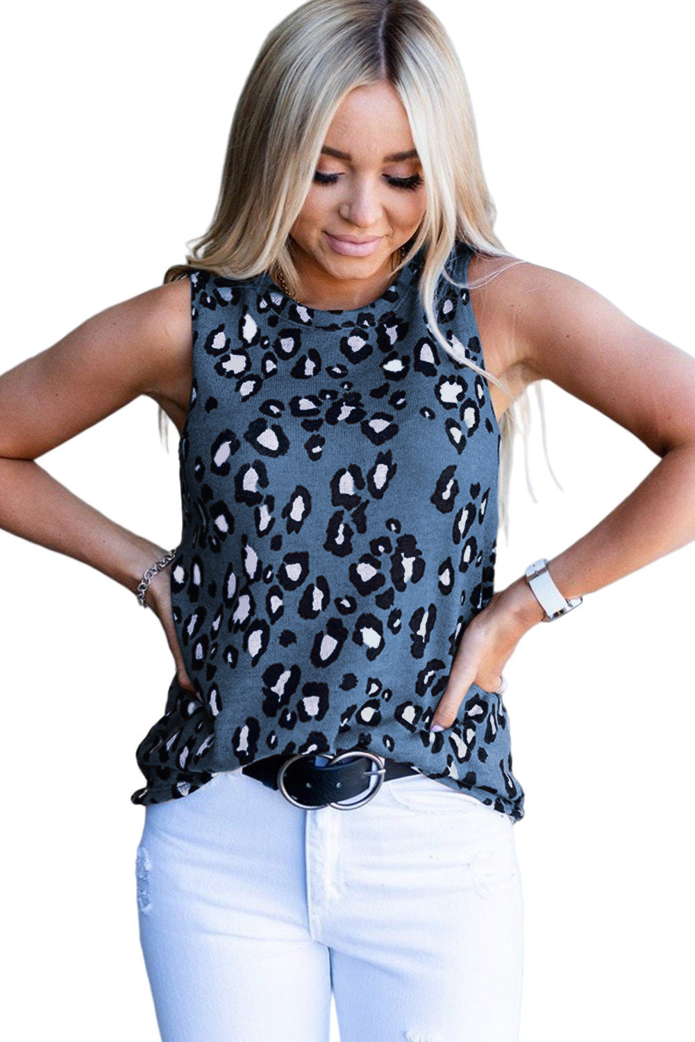 Leopard Print Crew Neck Tank Top displayed on a mannequin, showcasing its bold pattern and sleeveless design.