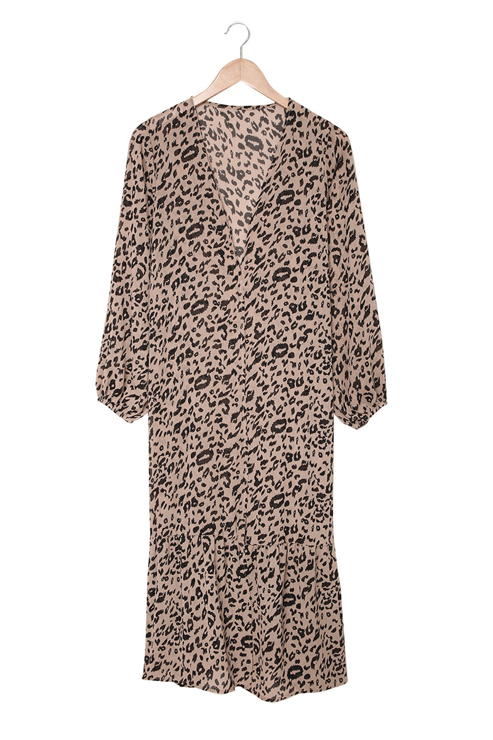 A stylish leopard print duster kimono with long sleeves and an open front, cascading to a mid-calf length, perfect for layering.