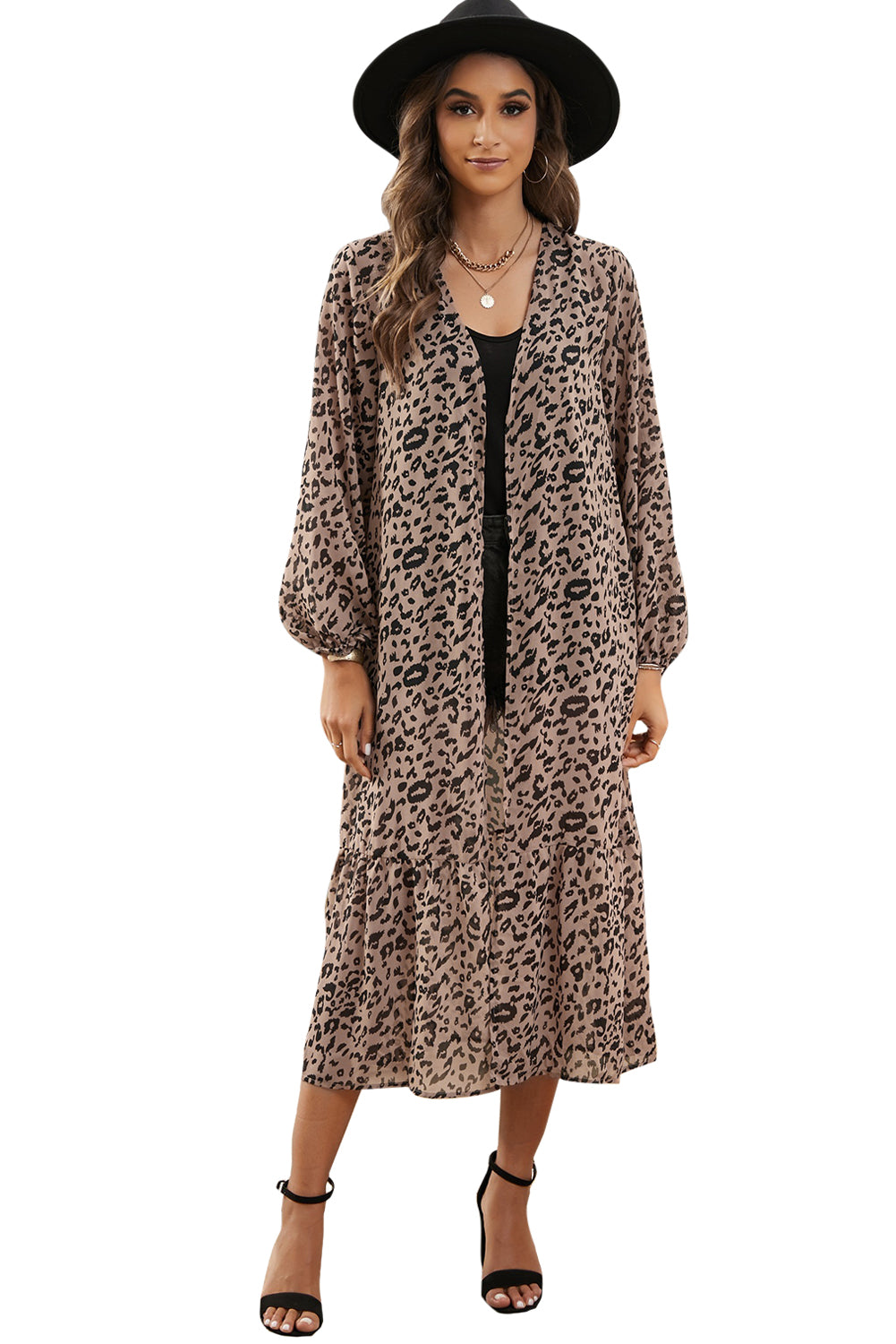 A stylish leopard print duster kimono with long sleeves and an open front, cascading to a mid-calf length, perfect for layering.