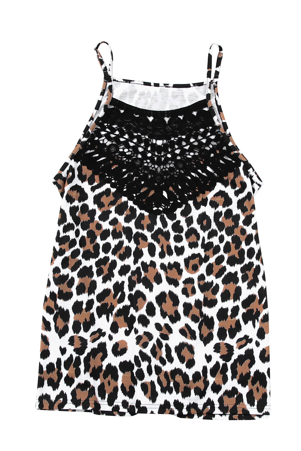 Leopard Print Lace Patchwork Spaghetti Strap Cami Top featuring a wild design with crochet lace details, perfect for stylish summer outfits.