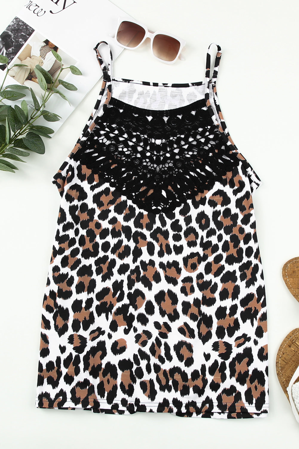 Leopard Print Lace Patchwork Spaghetti Strap Cami Top featuring a wild design with crochet lace details, perfect for stylish summer outfits.