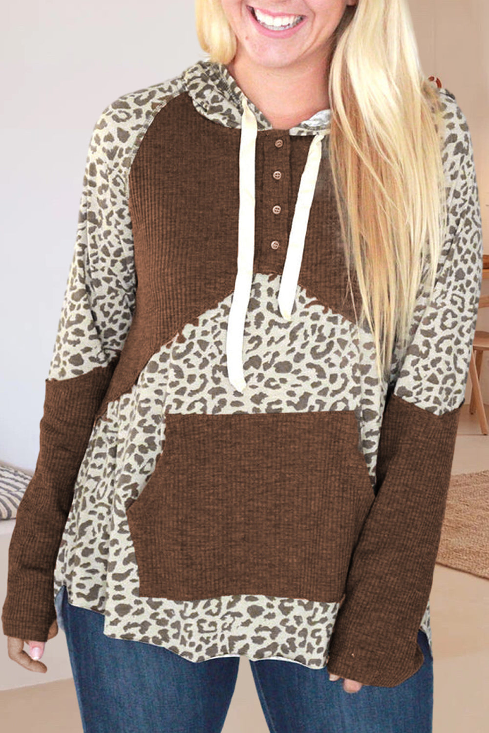 Leopard Print Ribbed Patchwork Buttoned Hoodie showcasing stylish design and ribbed texture, perfect for casual wear.