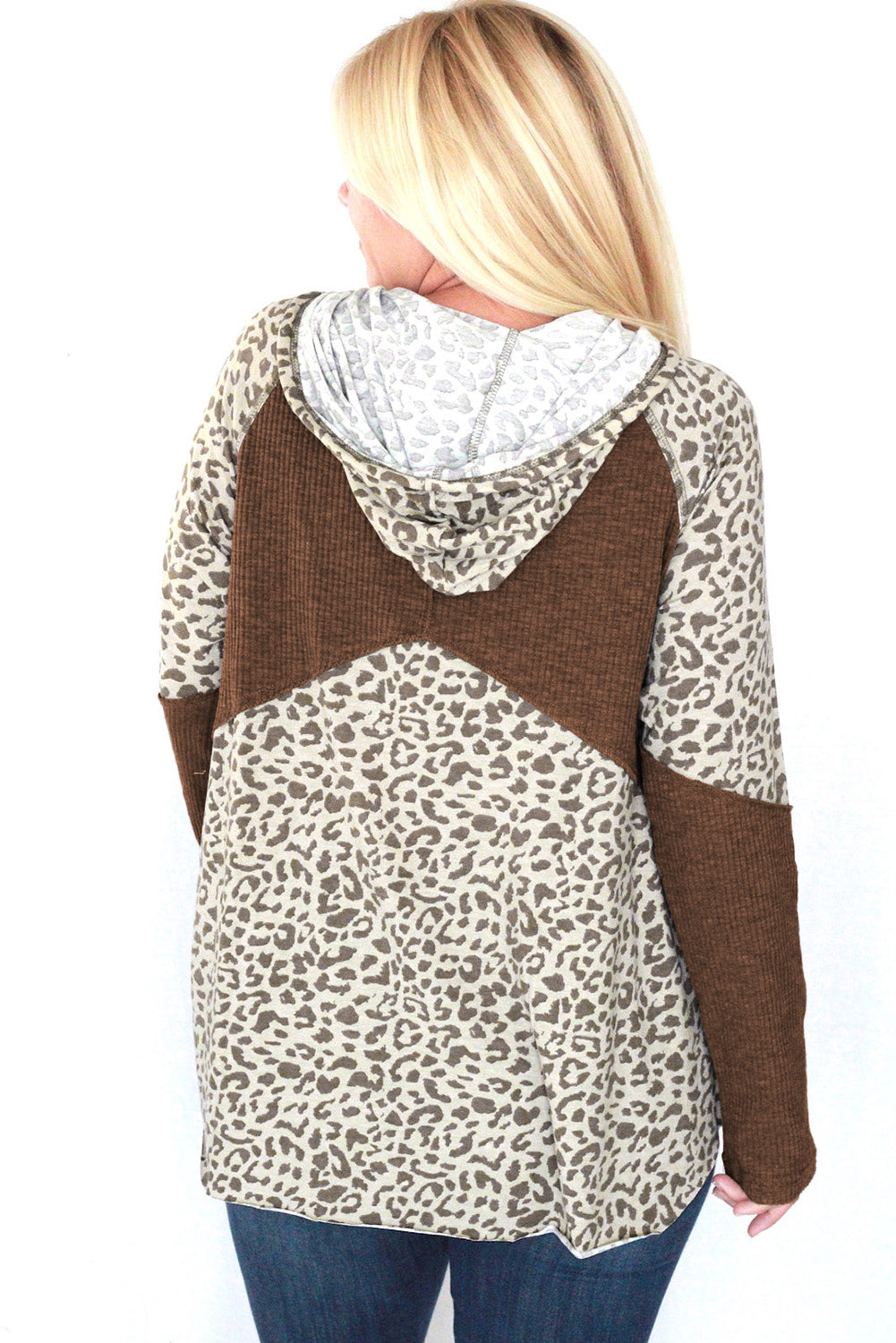 Leopard Print Ribbed Patchwork Buttoned Hoodie showcasing stylish design and ribbed texture, perfect for casual wear.