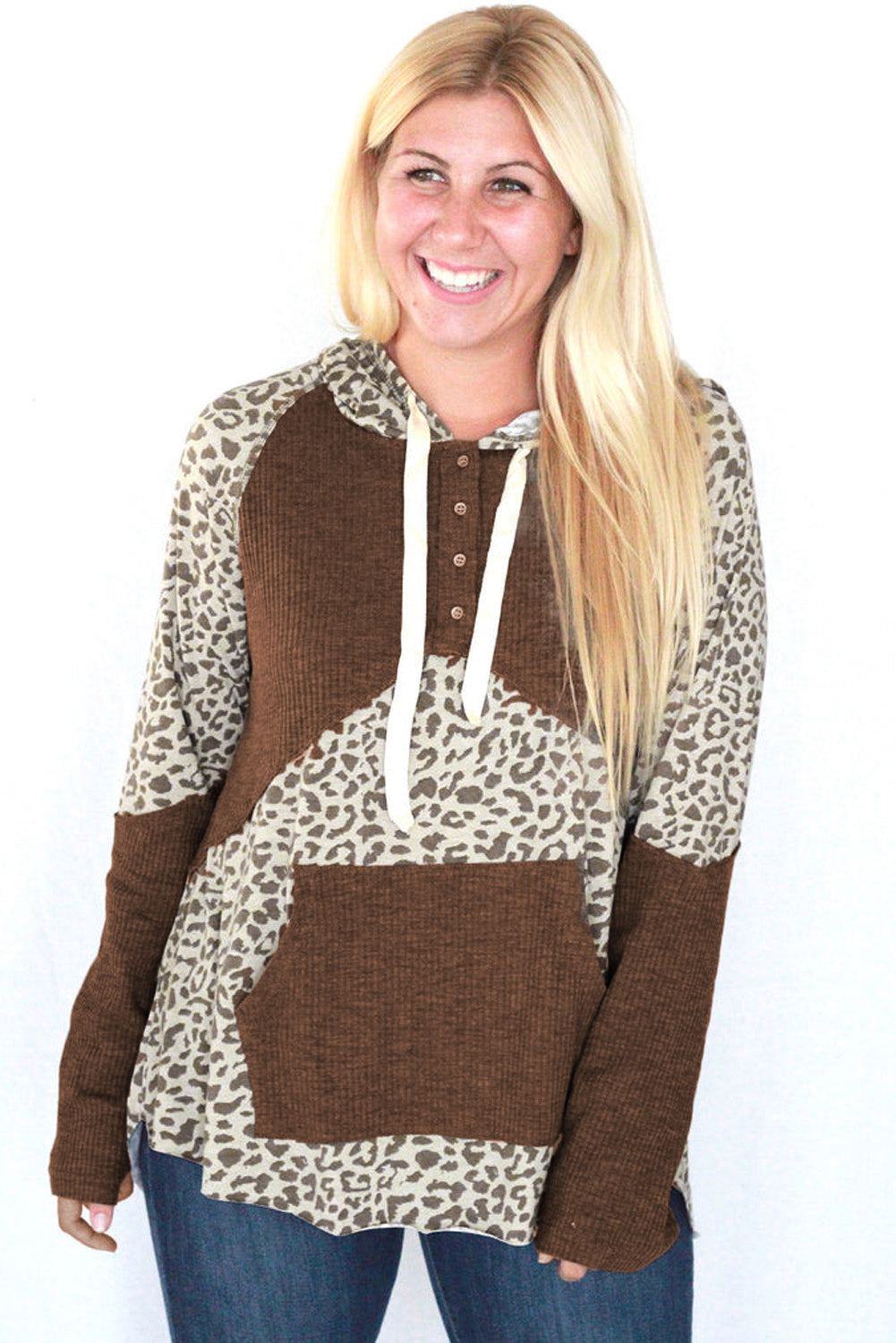 Leopard Print Ribbed Patchwork Buttoned Hoodie showcasing stylish design and ribbed texture, perfect for casual wear.