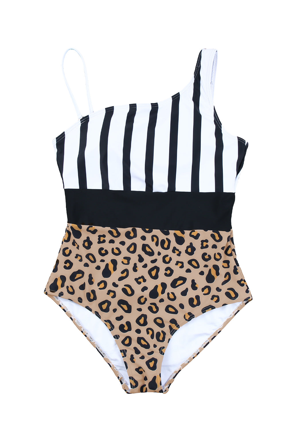 Leopard and stripes one-piece swimwear displayed on a mannequin, showcasing its stylish design and vibrant colors.