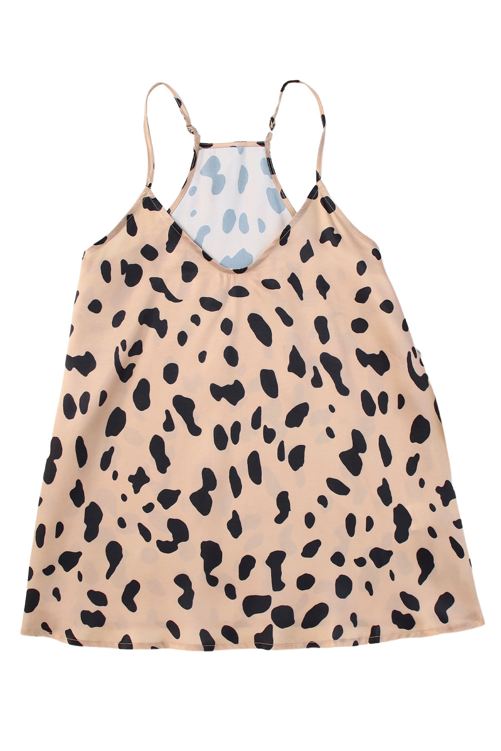 Leopard V Neck Babydoll Tank Top featuring a black leopard print, spaghetti straps, and a relaxed fit, perfect for casual wear.