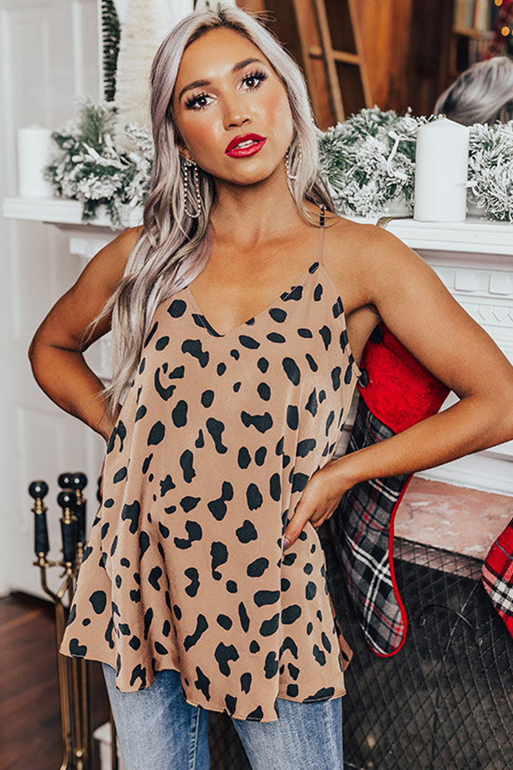 Leopard V Neck Babydoll Tank Top featuring a black leopard print, spaghetti straps, and a relaxed fit, perfect for casual wear.