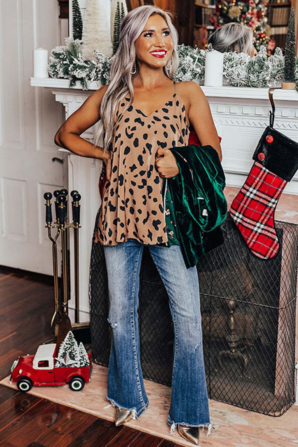 Leopard V Neck Babydoll Tank Top featuring a black leopard print, spaghetti straps, and a relaxed fit, perfect for casual wear.