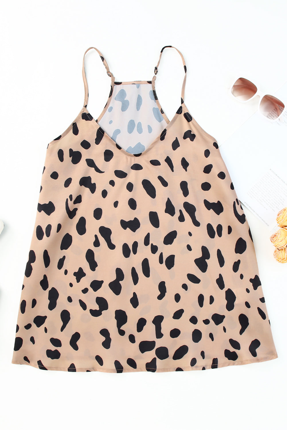 Leopard V Neck Babydoll Tank Top featuring a black leopard print, spaghetti straps, and a relaxed fit, perfect for casual wear.