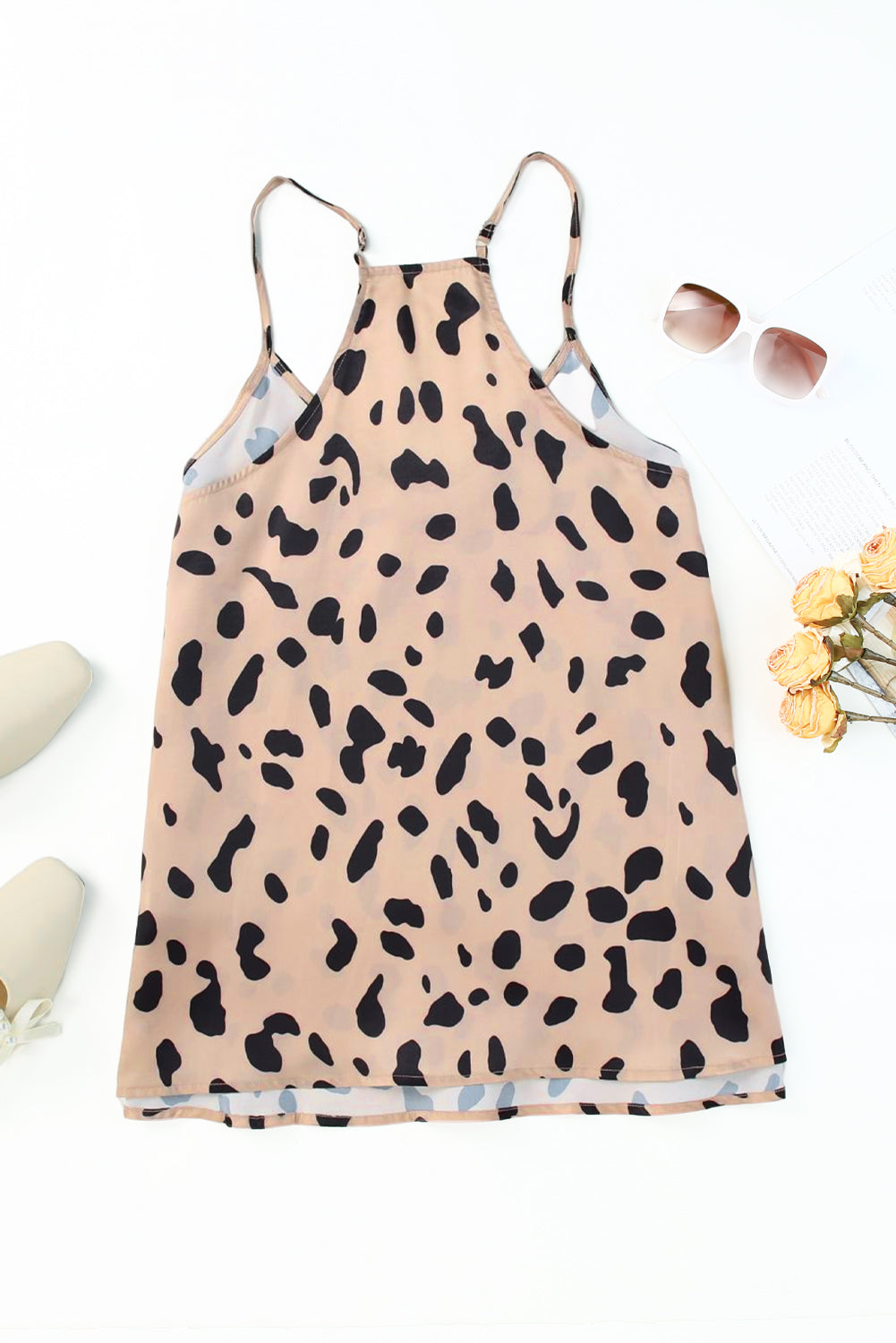 Leopard V Neck Babydoll Tank Top featuring a black leopard print, spaghetti straps, and a relaxed fit, perfect for casual wear.