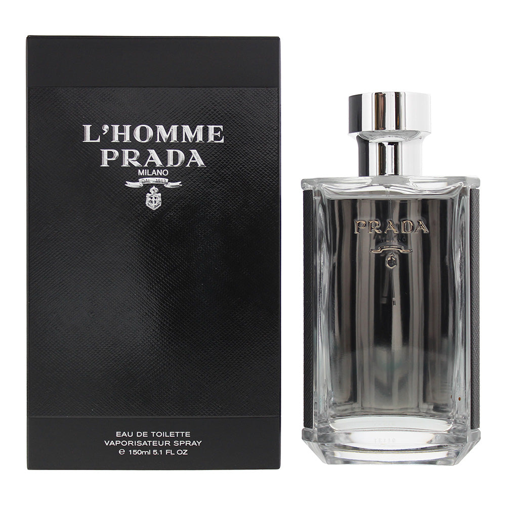 Prada L'Homme Eau de Toilette bottle showcasing its elegant design and modern aesthetic.