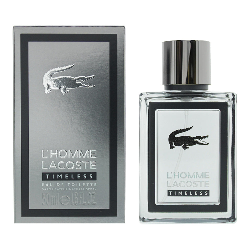 L'Homme Timeless Eau de Toilette by Lacoste in a sleek, modern bottle with a sophisticated design.