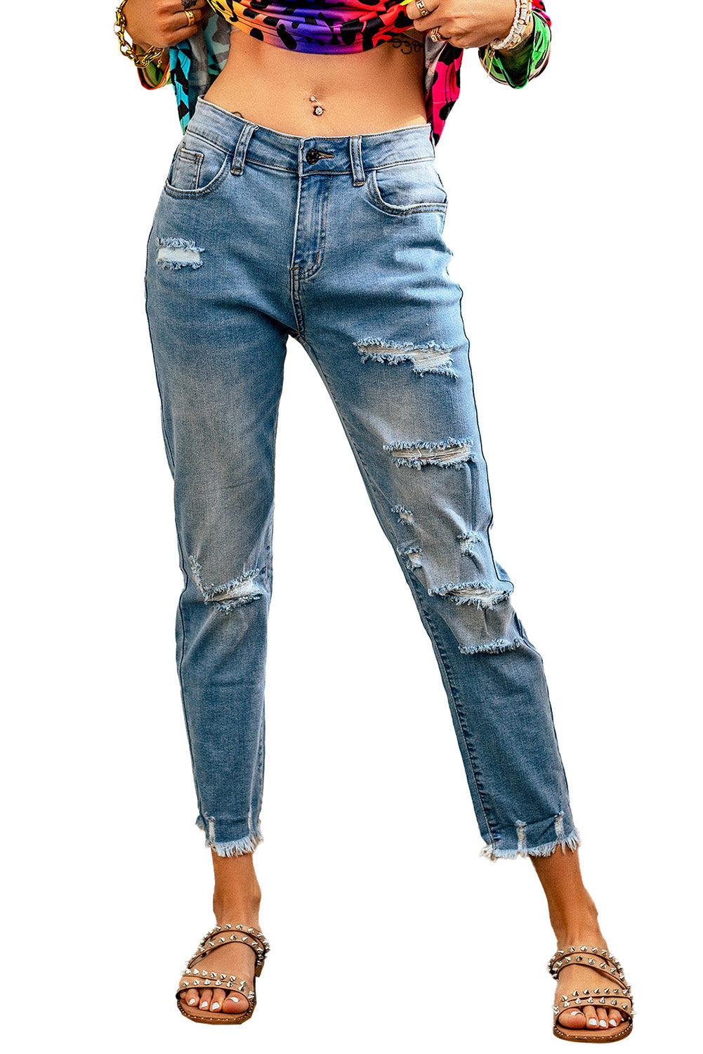 Light blue distressed boyfriend denim pants with a medium rise fit and straight leg silhouette, featuring classic five-pocket styling.