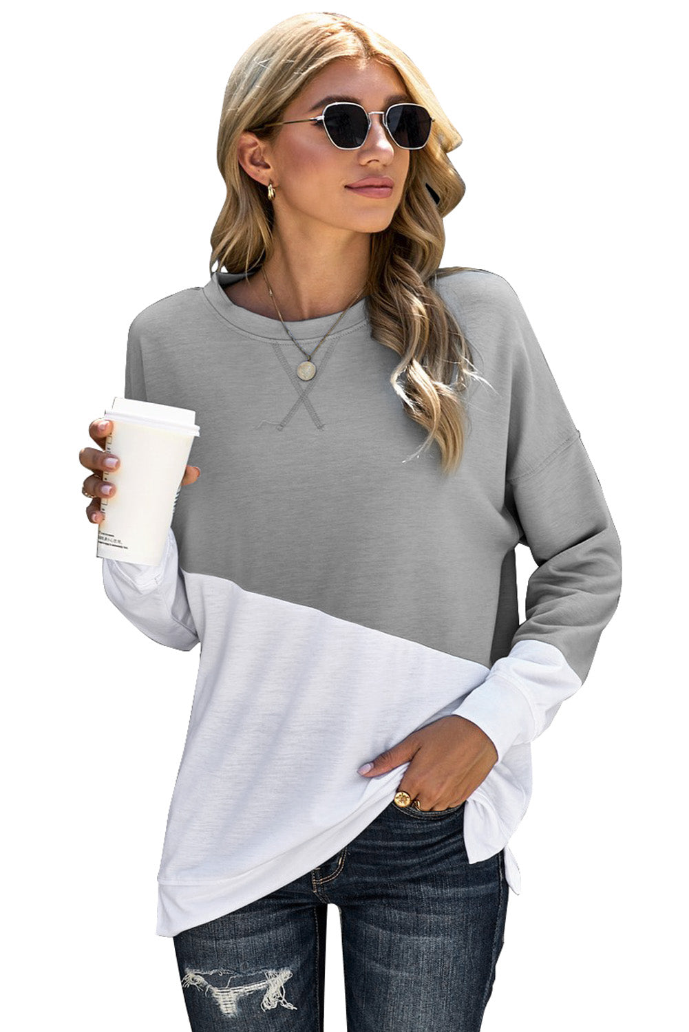 Light Blue Patchwork Dropped Shoulder Sweatshirt with color block design, showcasing a relaxed fit and soft fabric texture.