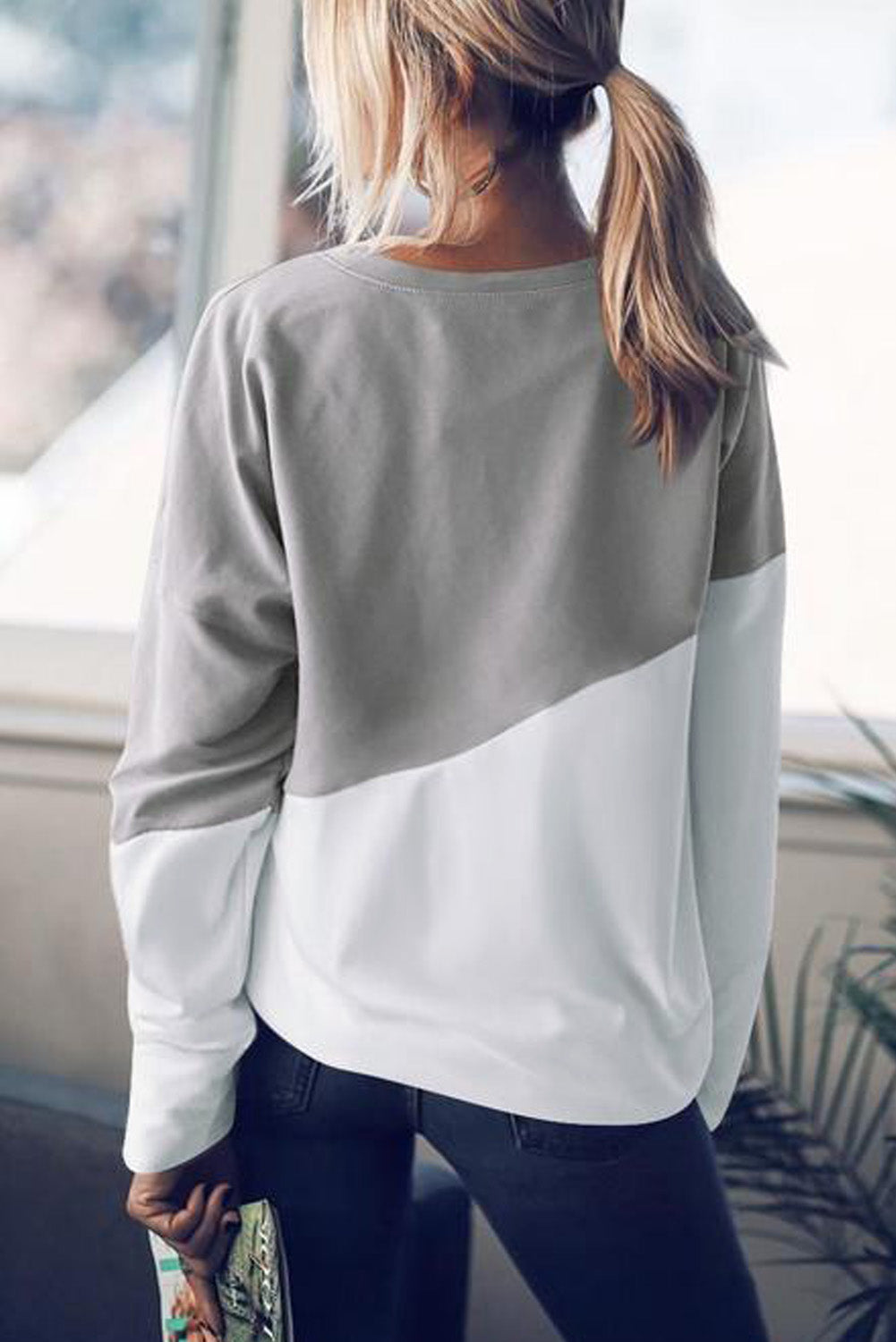 Light Blue Patchwork Dropped Shoulder Sweatshirt with color block design, showcasing a relaxed fit and soft fabric texture.