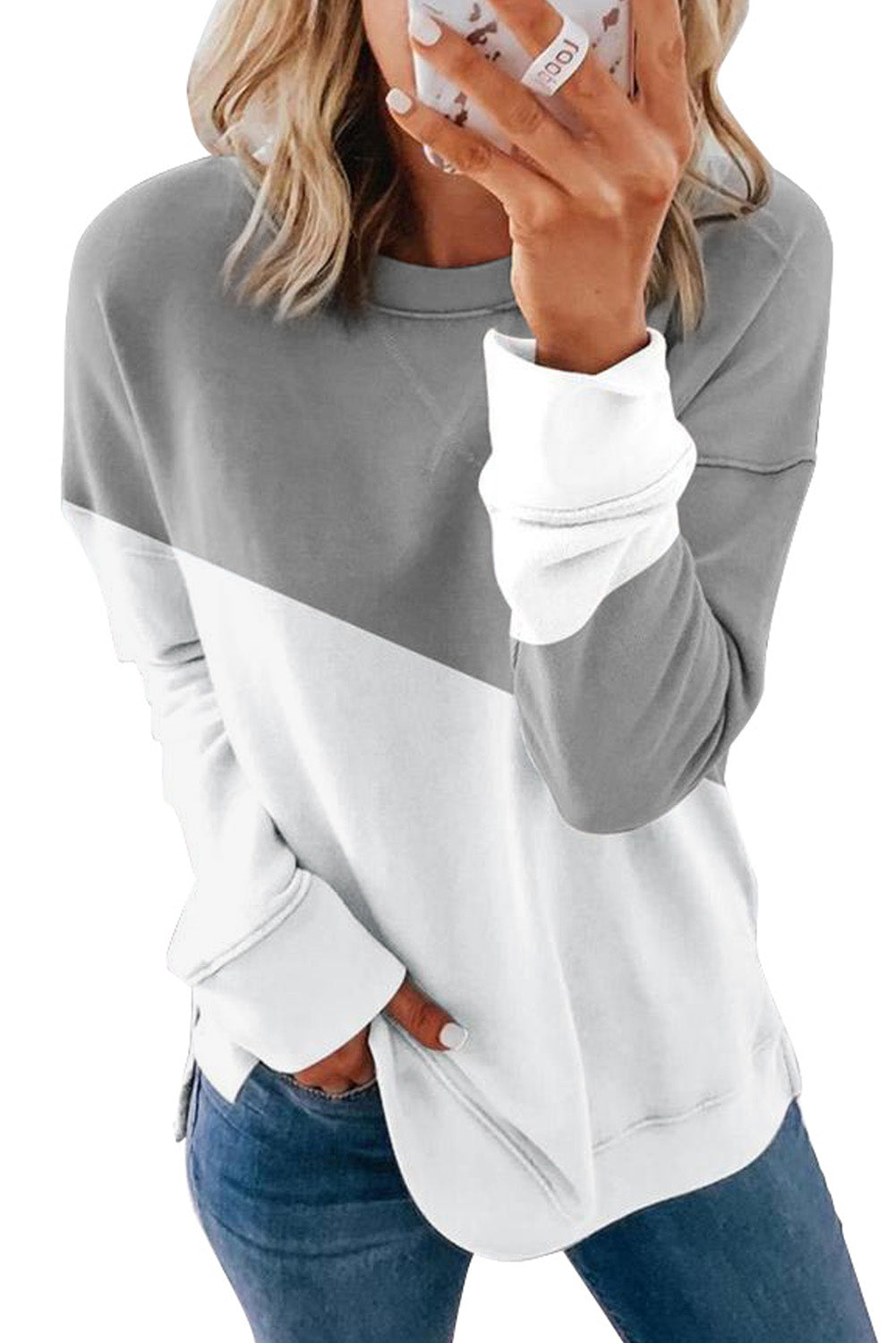 Light Blue Patchwork Dropped Shoulder Sweatshirt with color block design, showcasing a relaxed fit and soft fabric texture.