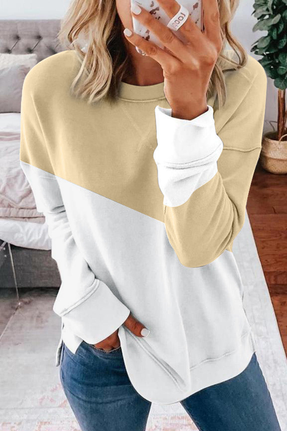 Light Blue Patchwork Dropped Shoulder Sweatshirt with color block design, showcasing a relaxed fit and soft fabric texture.