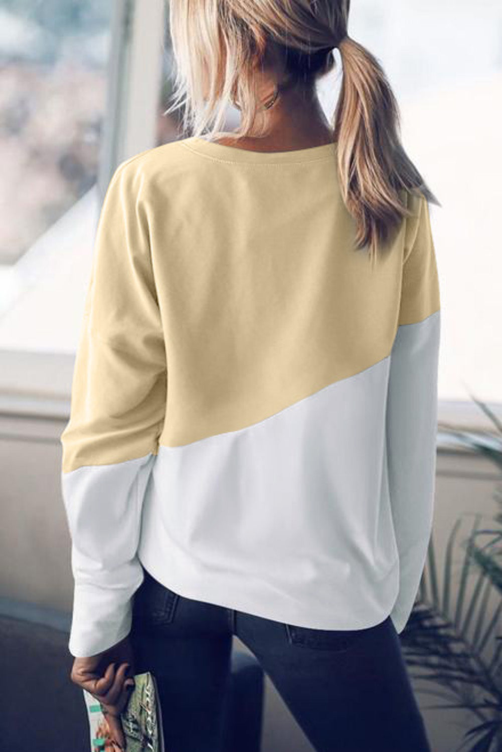 Light Blue Patchwork Dropped Shoulder Sweatshirt with color block design, showcasing a relaxed fit and soft fabric texture.