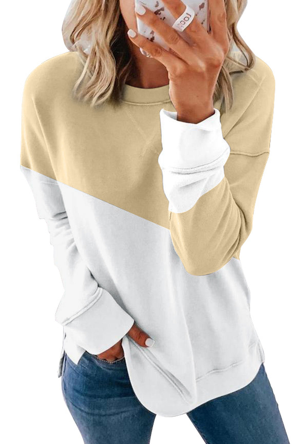 Light Blue Patchwork Dropped Shoulder Sweatshirt with color block design, showcasing a relaxed fit and soft fabric texture.