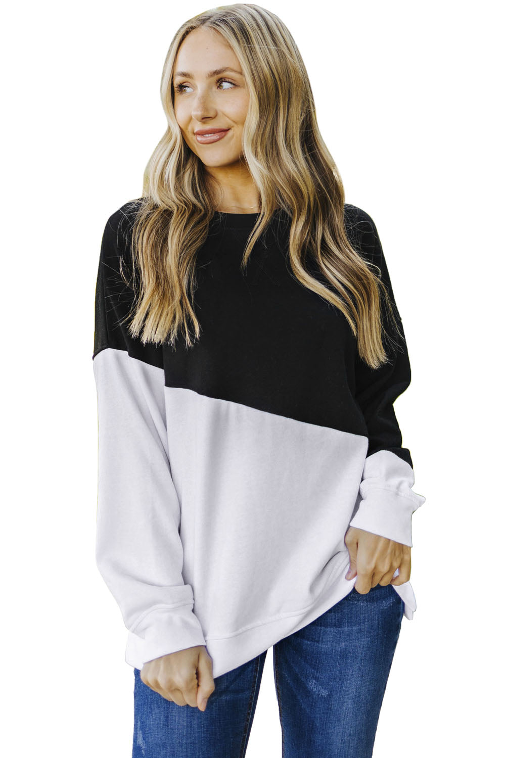 Light Blue Patchwork Dropped Shoulder Sweatshirt with color block design, showcasing a relaxed fit and soft fabric texture.