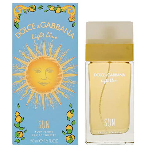 Dolce & Gabbana Light Blue Sun pour Femme Eau de Toilette bottle with a vibrant blue and gold design, symbolizing summer freshness.