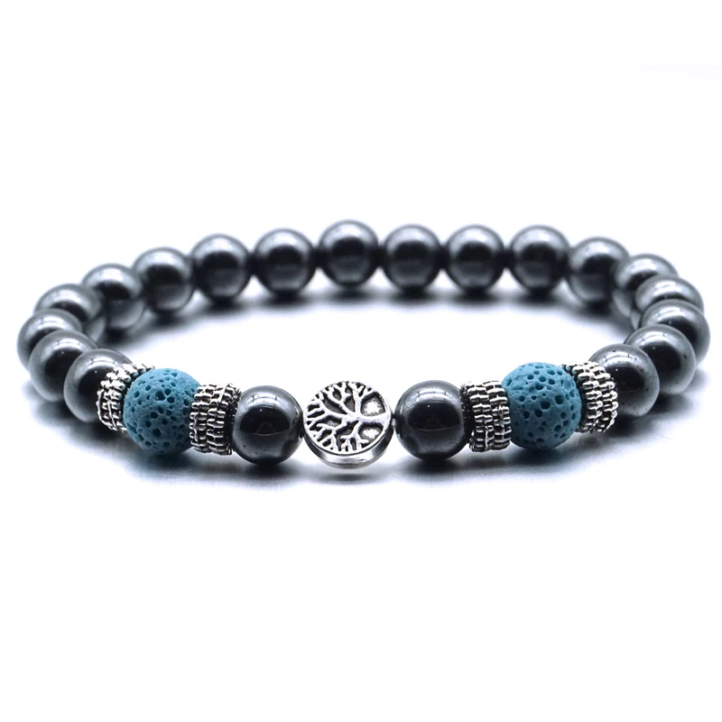 Light Blue Tree of Life Lava Stone Metal Bracelet with essential oil absorption feature, showcasing its unique design and color.