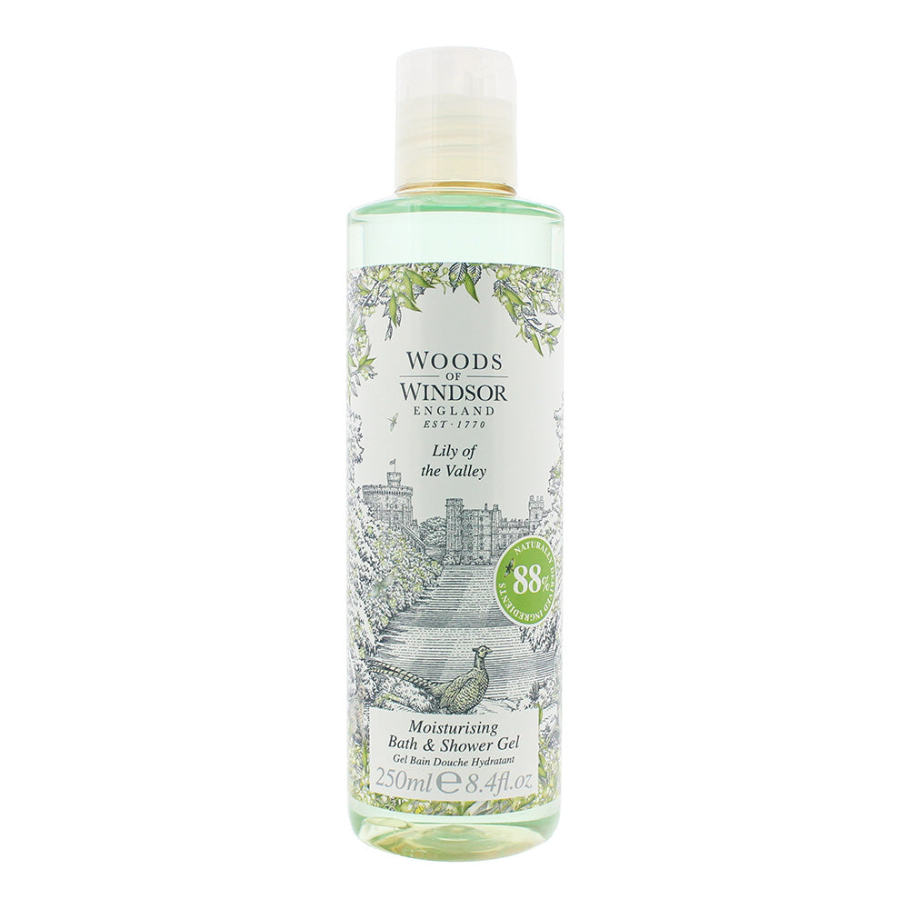 Woods of Windsor Lily of the Valley Bath & Shower Gel bottle with floral design.