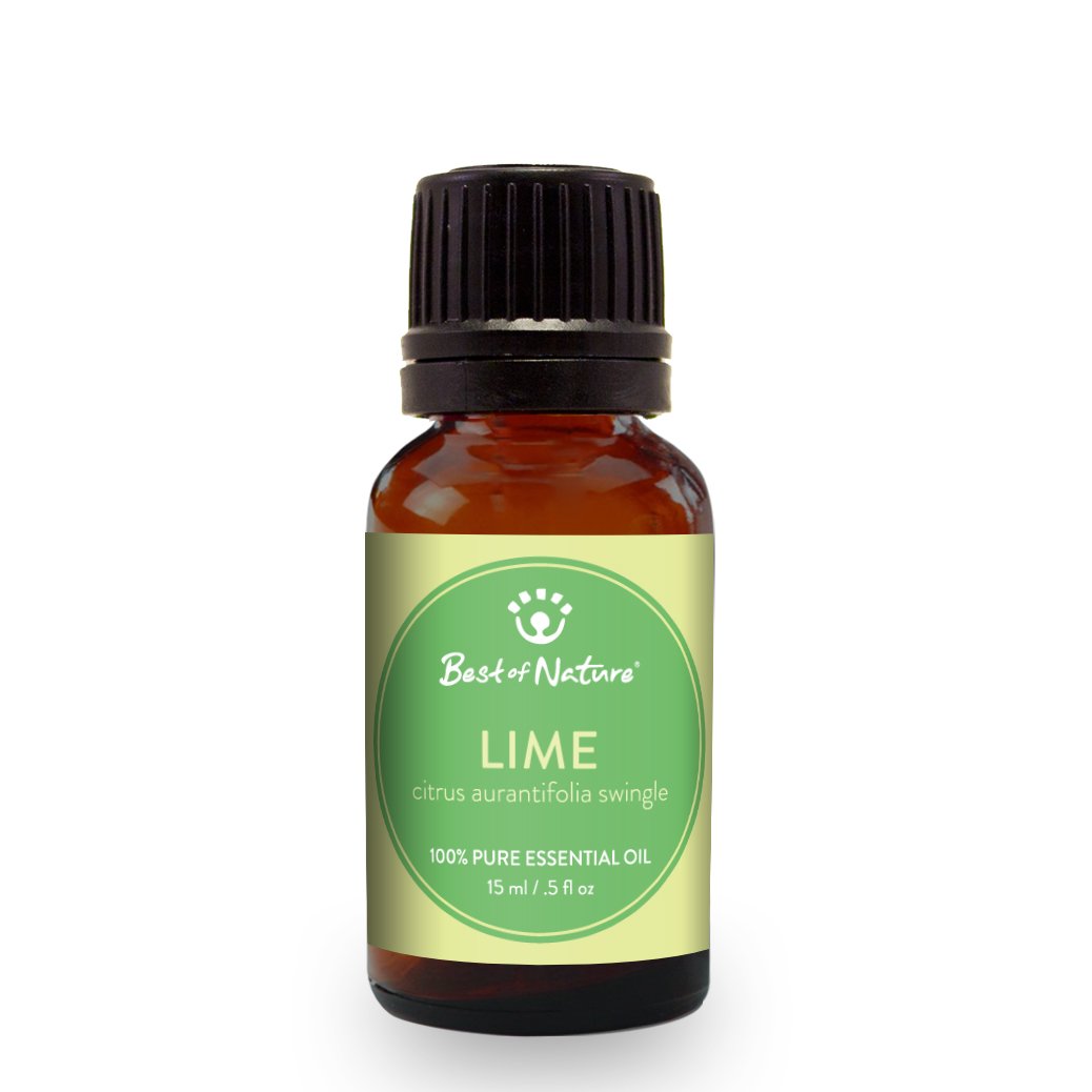 A bottle of 100% pure Lime Essential Oil with a fresh lime in the background, showcasing its vibrant green color.