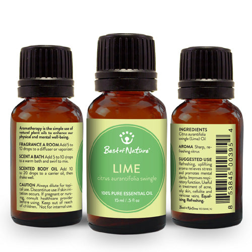 A bottle of 100% pure Lime Essential Oil with a fresh lime in the background, showcasing its vibrant green color.