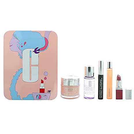 Clinique Limited Edition Travel Jet Set Gift Set featuring Moisture Surge Hydrator, Make-Up Remover, Mascara, Eye Serum, and Lipstick in Plum Pop.