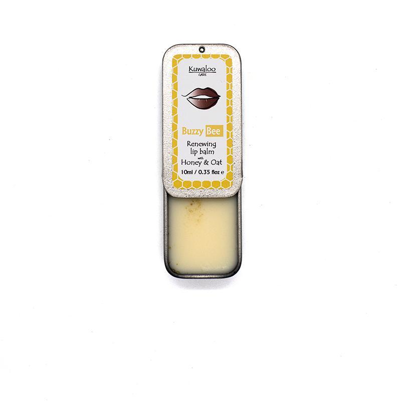 A 10ml tin of Honey & Oat Lip Balm, showcasing its natural ingredients and eco-friendly packaging.