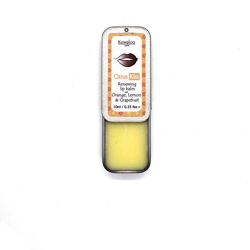 A 10ml tin of lip balm featuring orange, grapefruit, and lemon scents, showcasing its natural ingredients and vegan-friendly label.