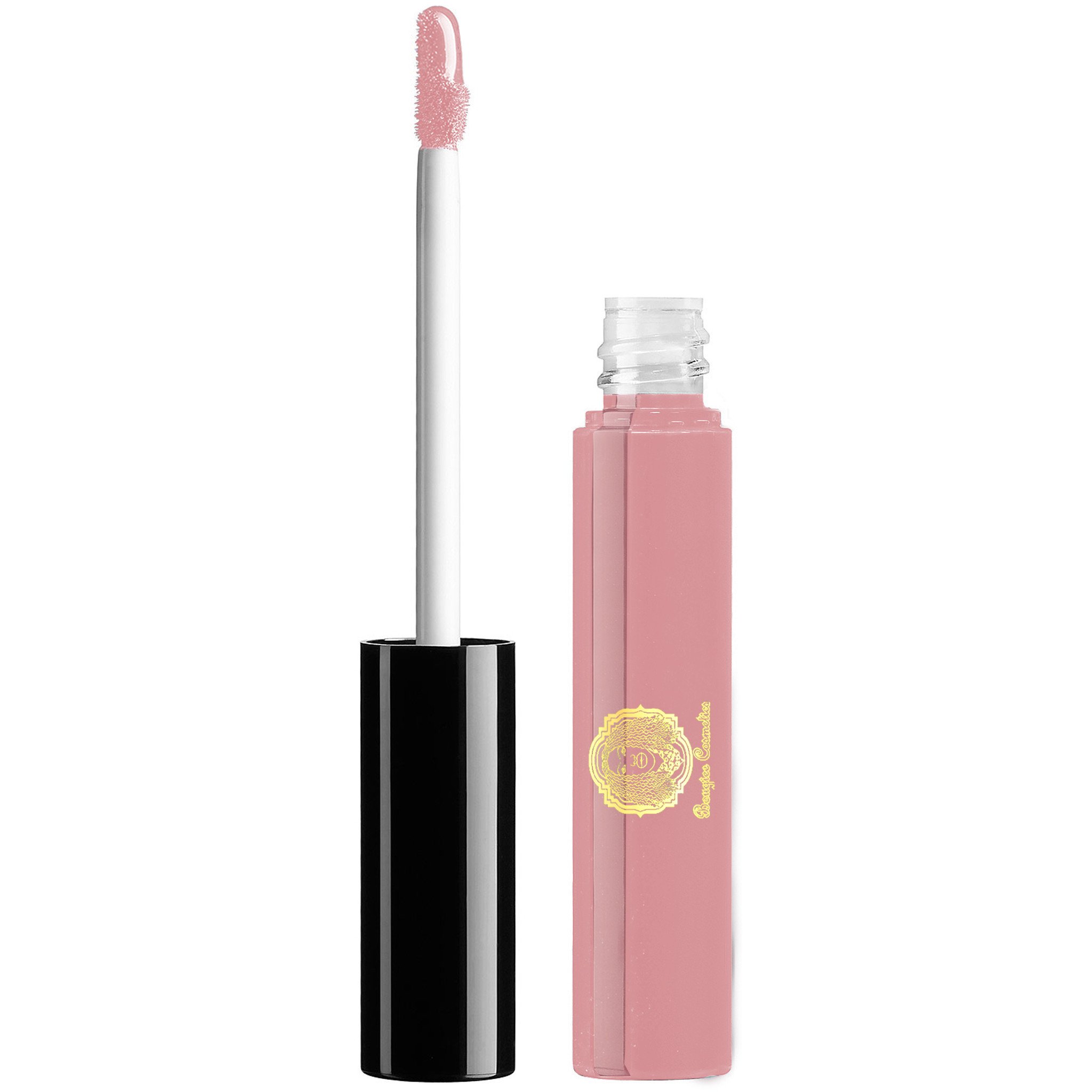 Nearly Naked Lipgloss in Mid Tone Nude Pink with a glossy finish, showcasing its creme texture and elegant packaging.