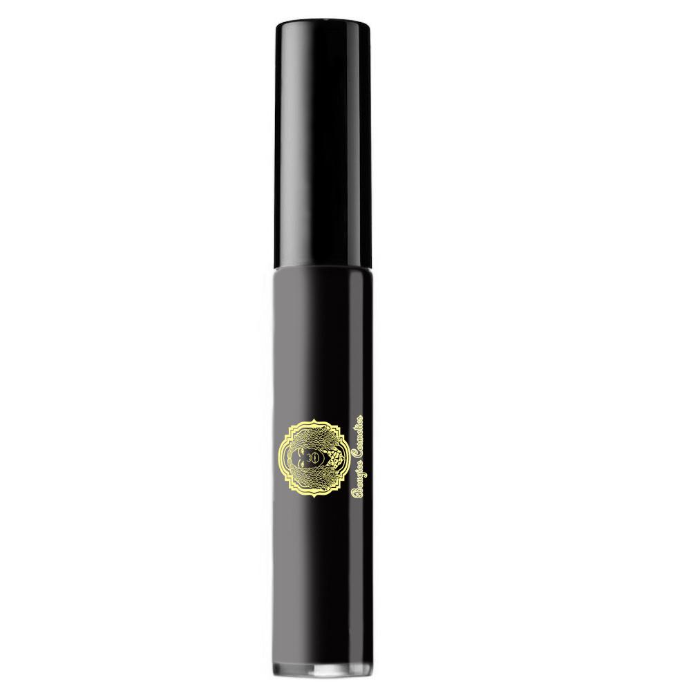 A sleek tube of Lipgloss Noir featuring a sheer cream black formula, showcasing its glossy finish and elegant design, perfect for achieving a wet look.