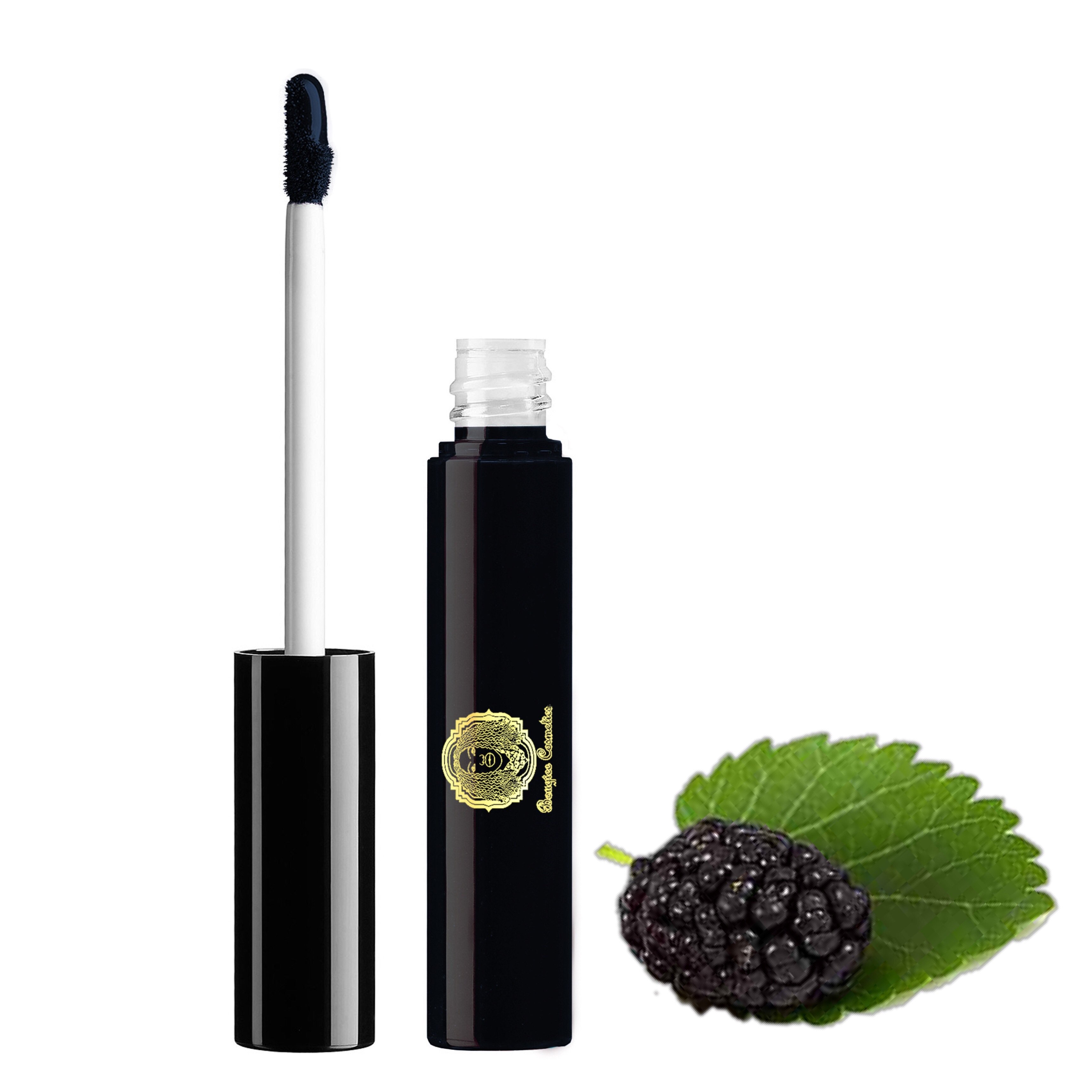 A sleek tube of Lipgloss Noir featuring a sheer cream black formula, showcasing its glossy finish and elegant design, perfect for achieving a wet look.