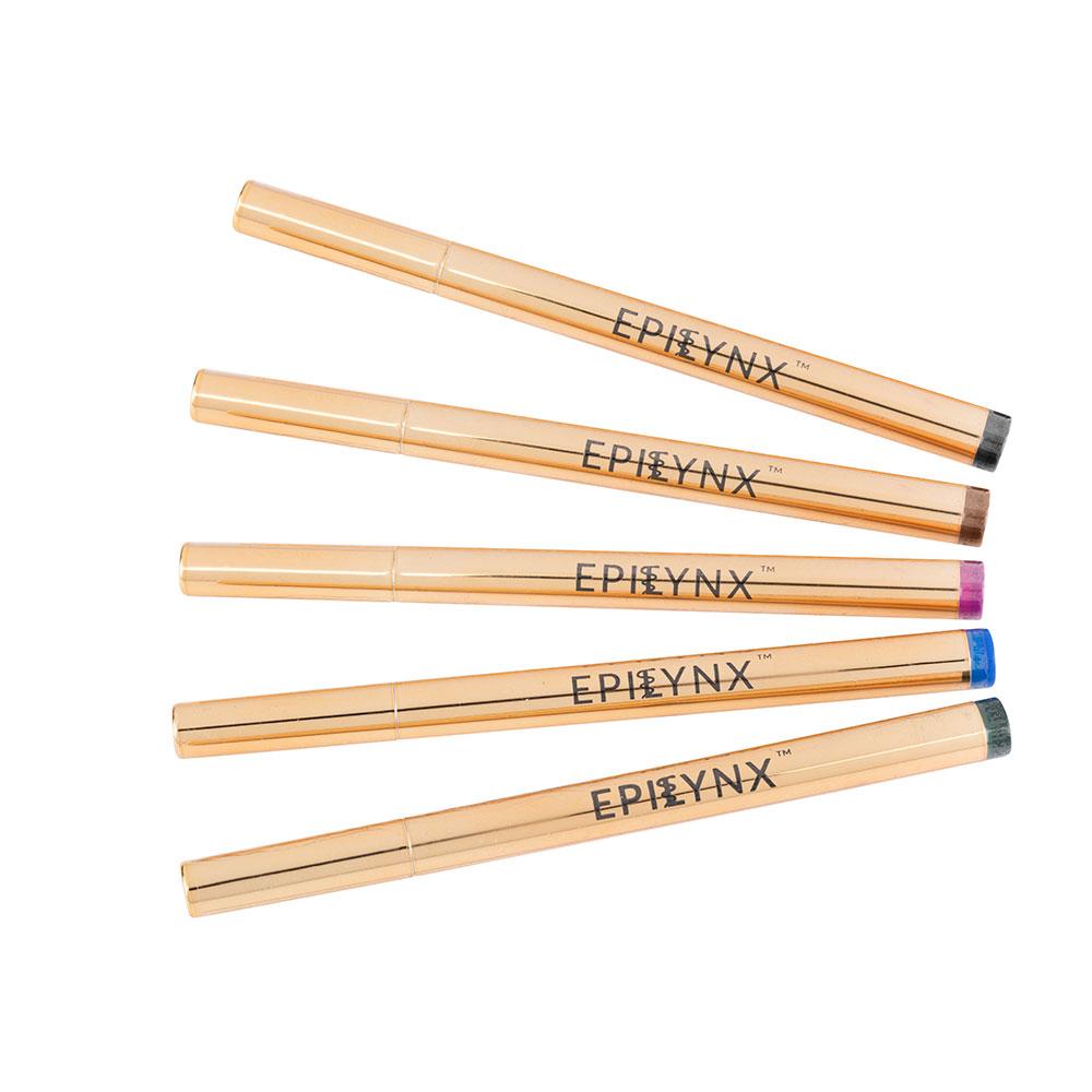 A collection of EpiLynx Liquid Eyeliner Pens in various vibrant colors including royal blue, spring green, and royal purple, showcasing their precise applicator tips.