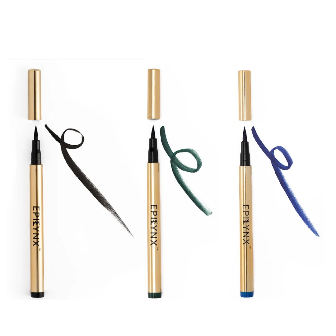 A collection of EpiLynx Liquid Eyeliner Pens in various vibrant colors including royal blue, spring green, and royal purple, showcasing their precise applicator tips.