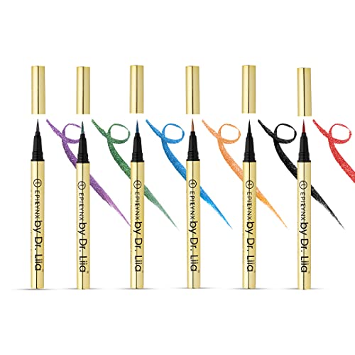 A collection of EpiLynx Liquid Eyeliner Pens in various vibrant colors including royal blue, spring green, and royal purple, showcasing their precise applicator tips.