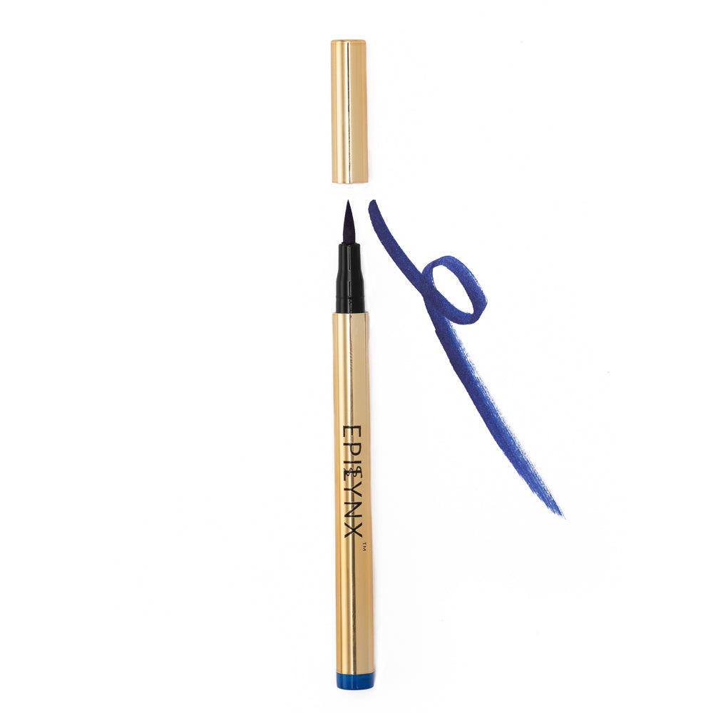 A collection of EpiLynx Liquid Eyeliner Pens in various vibrant colors including royal blue, spring green, and royal purple, showcasing their precise applicator tips.