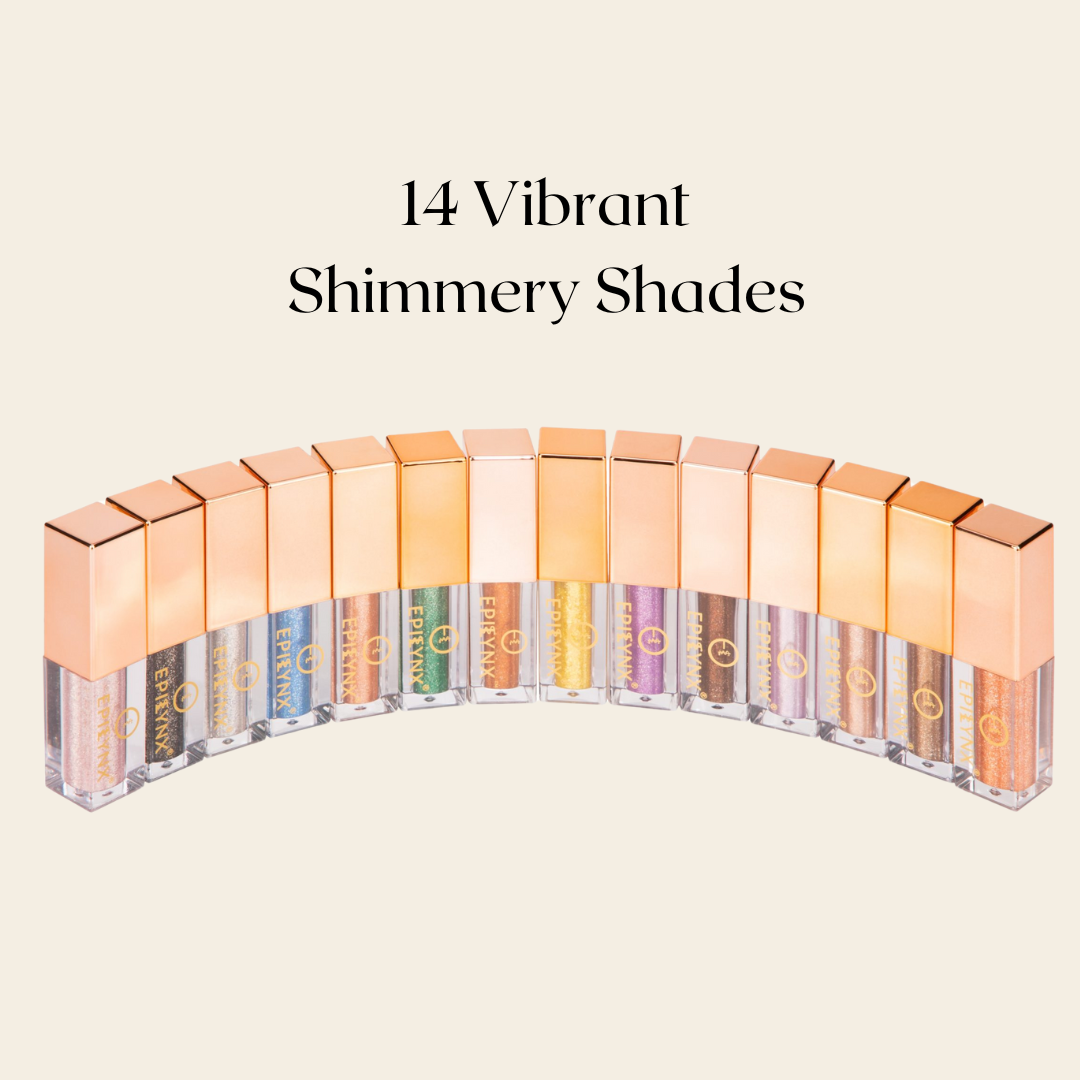 A vibrant display of Liquid Glamorous Shimmer Eyeshadow in various shades, showcasing its gel-based texture and glittery finish.