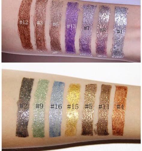 A vibrant display of Liquid Glamorous Shimmer Eyeshadow in various shades, showcasing its gel-based texture and glittery finish.