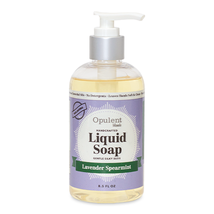 Bottle of Liquid Soap in Lavender Spearmint scent with a floral design, showcasing its natural ingredients.