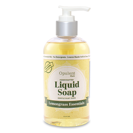 A bottle of Lemongrass Liquid Soap with a refreshing green label, showcasing its natural ingredients and emollient properties.