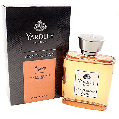 Bottle of London Gentleman Legacy Eau de Parfum by Yardley London, showcasing its elegant design and sophisticated branding.