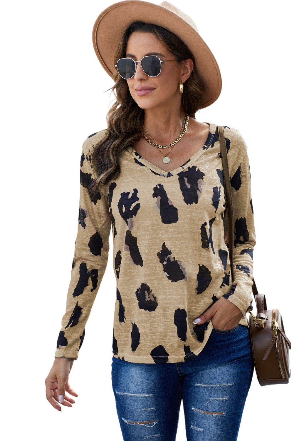 A stylish long sleeves leopard print blouse featuring a V-neck design and loose fit, perfect for casual and trendy outfits.