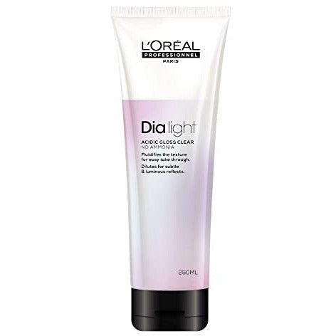 L'Oreal Dia Light Acidic Gloss Clear product bottle with a sleek design, showcasing its glossy finish.