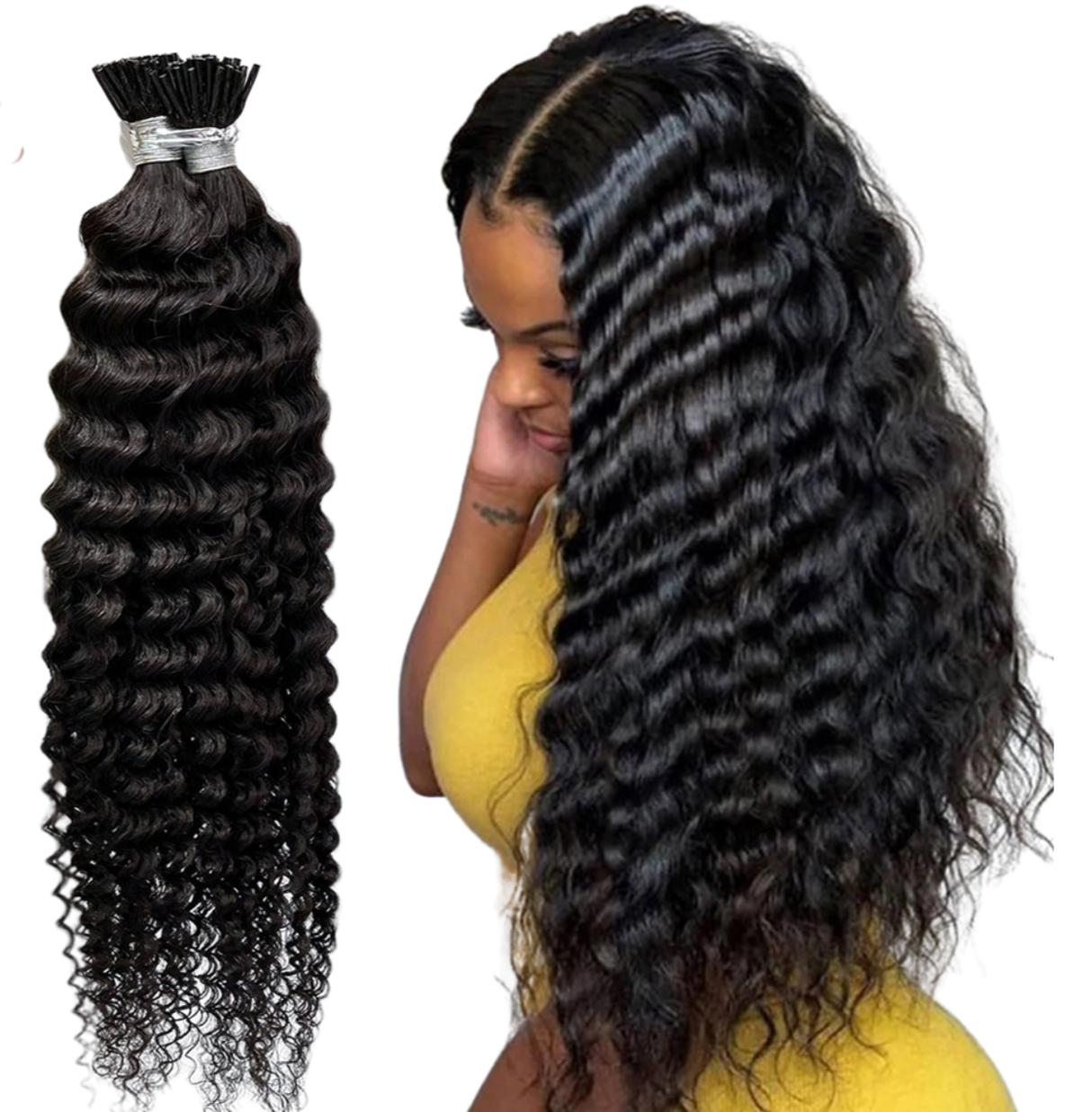 Loose Deep Wave Human Hair i Tip Microlinks in natural black color, showcasing its soft, bouncy texture and high-quality strands.