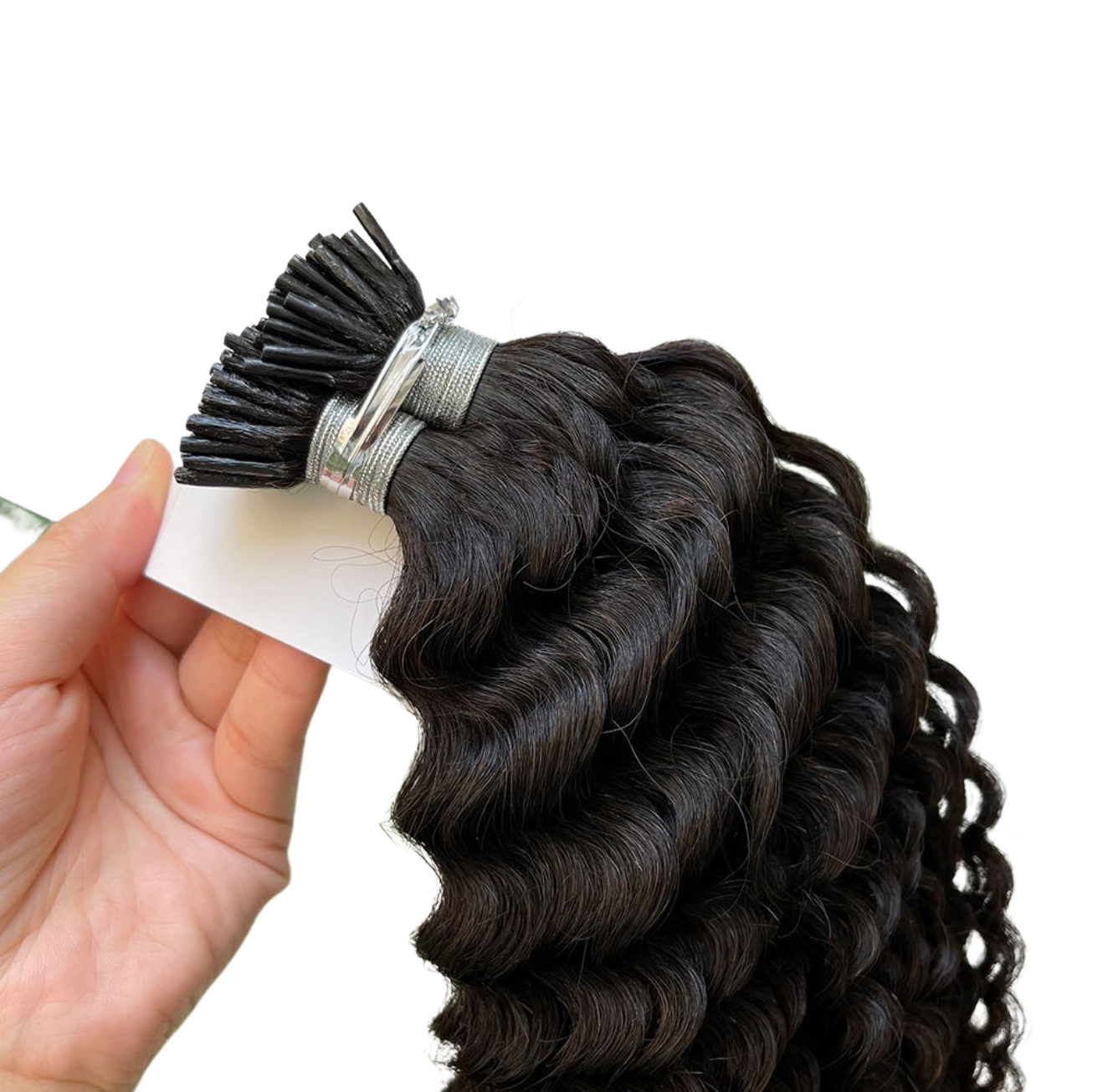 Loose Deep Wave Human Hair i Tip Microlinks in natural black color, showcasing its soft, bouncy texture and high-quality strands.